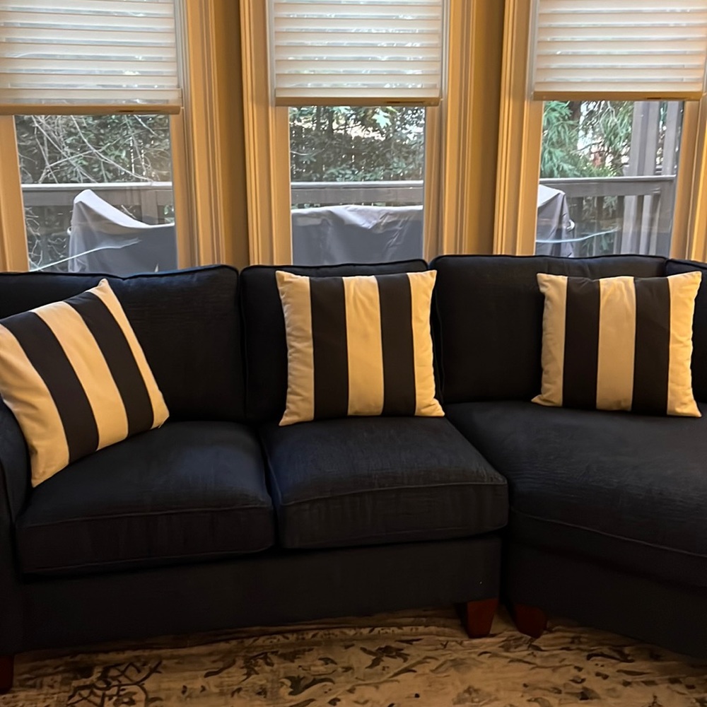 EUC set of 3 Pottery Barn throw pillows. Navy blue/off white striped.